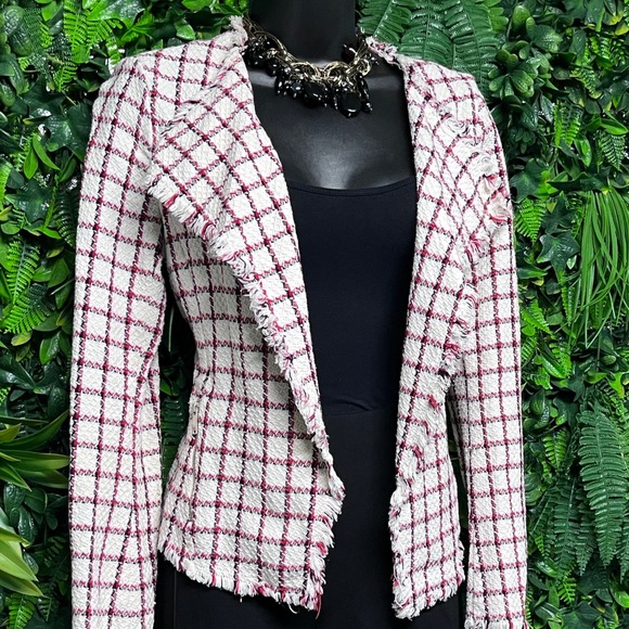 Zara Blazer Jacket Small Plaid Tweed Fringe Trim Moto Career Casual 2988 - Picture 1 of 8